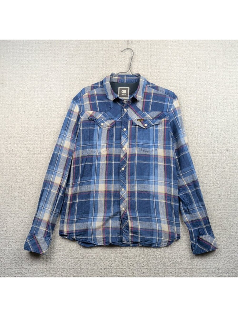 G-Star RAW Western Shirt Blue Plaid Pearl Snap Button Tailor Shirt Men L Cowboy